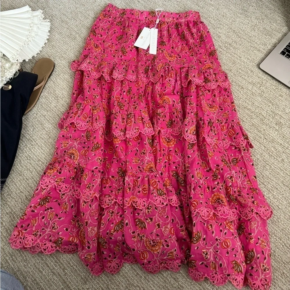 Caroline Constas- NWT Hot Pink Floral Scalloped Matching Tank and Midi Skirt Set